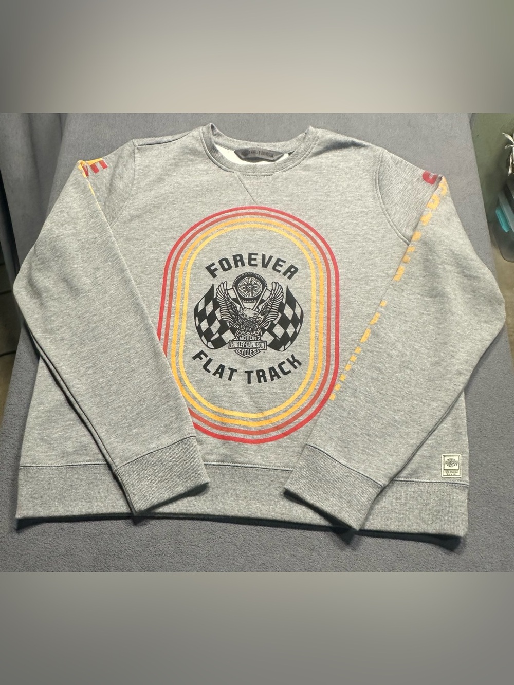 Harley-Davidson Gray Crewneck with Red and Yellow Racing Emblem